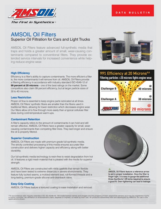 AMSOIL filter information data bulletin about the benefits of AMSOIL filtration